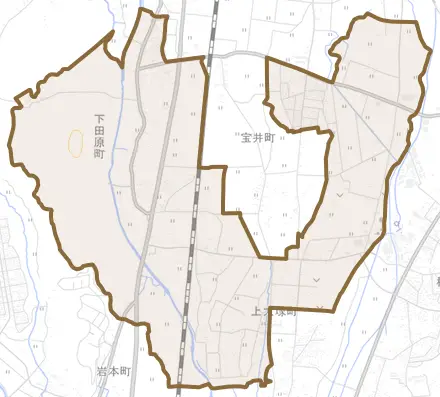 下田原町とその周辺の地図。町の範囲を重ねている