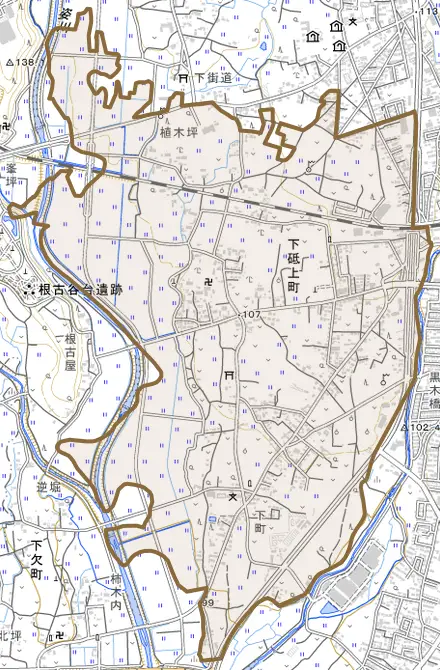 下砥上町とその周辺の地図。町の範囲を重ねている