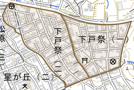 下戸祭とその周辺の地図。町の範囲を重ねている