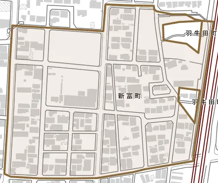 新富町とその周辺の地図。町の範囲を重ねている