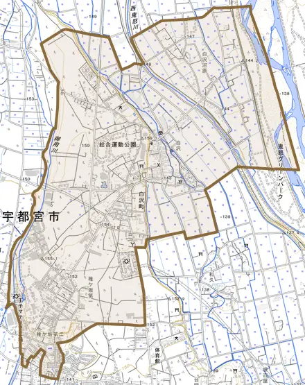 白沢町とその周辺の地図。町の範囲を重ねている