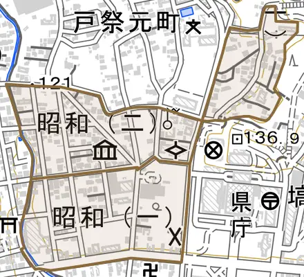昭和とその周辺の地図。町の範囲を重ねている