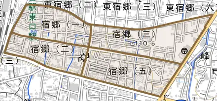 宿郷とその周辺の地図。町の範囲を重ねている