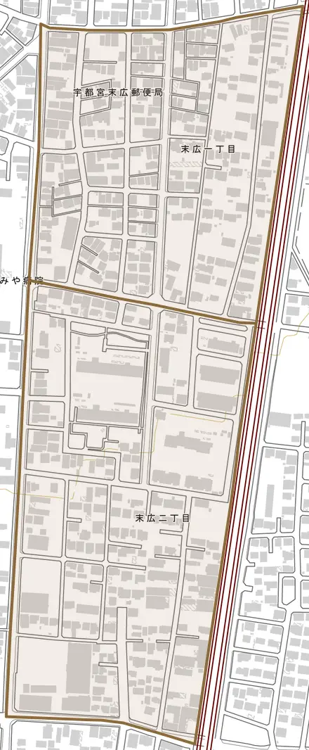 末広とその周辺の地図。町の範囲を重ねている