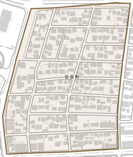 住吉町とその周辺の地図。町の範囲を重ねている