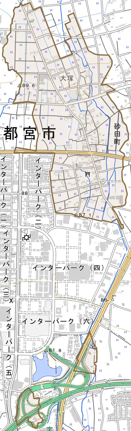 砂田町とその周辺の地図。町の範囲を重ねている
