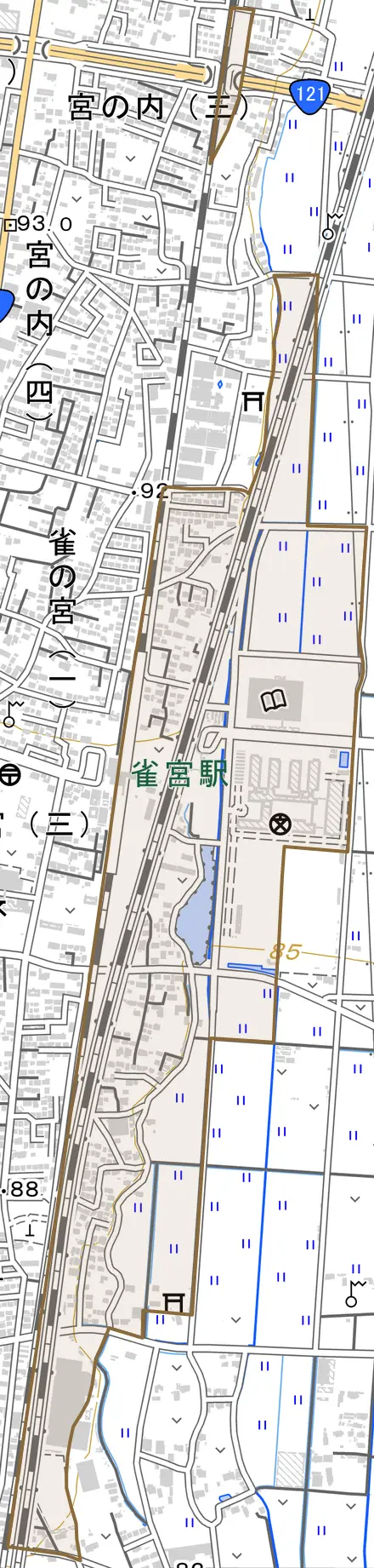 雀宮町とその周辺の地図。町の範囲を重ねている