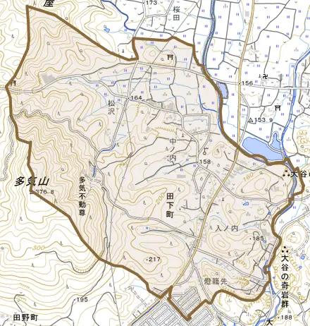 田下町とその周辺の地図。町の範囲を重ねている