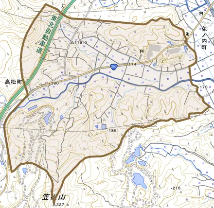 高松町とその周辺の地図。町の範囲を重ねている