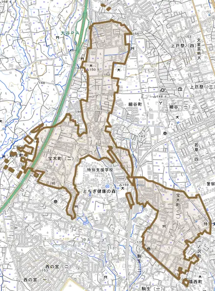 宝木町とその周辺の地図。町の範囲を重ねている