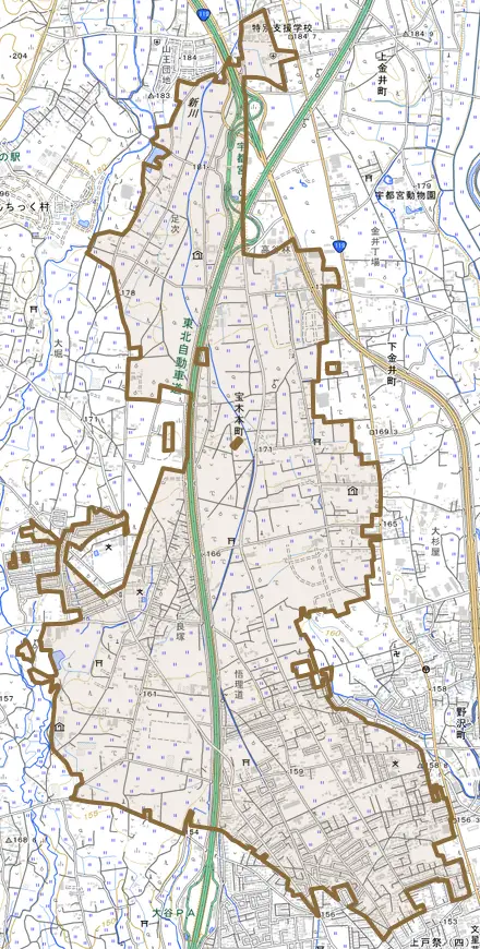宝木本町とその周辺の地図。町の範囲を重ねている