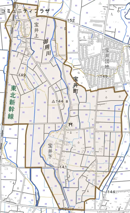 宝井町とその周辺の地図。町の範囲を重ねている