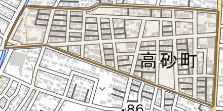 高砂町とその周辺の地図。町の範囲を重ねている