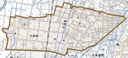竹林町とその周辺の地図。町の範囲を重ねている