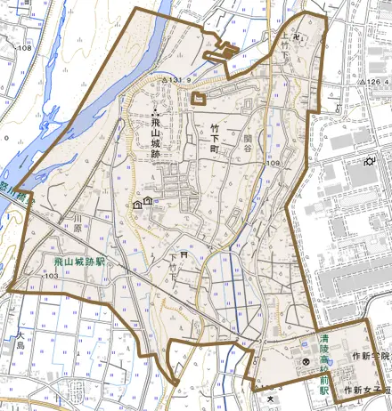 竹下町とその周辺の地図。町の範囲を重ねている