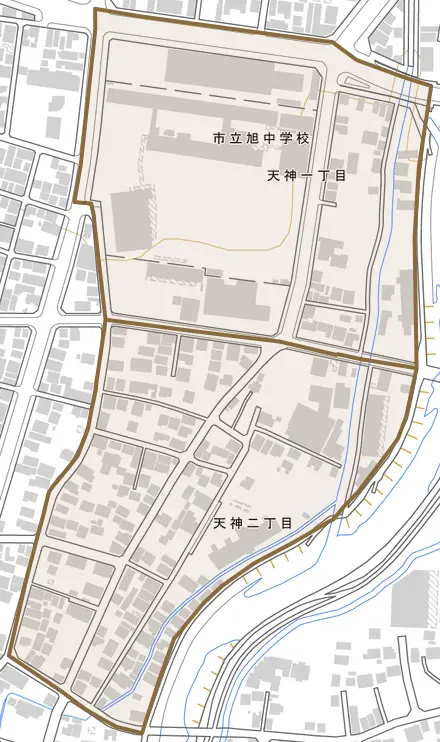 天神とその周辺の地図。町の範囲を重ねている