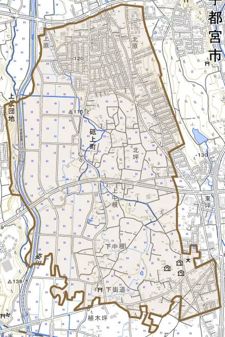 砥上町とその周辺の地図。町の範囲を重ねている