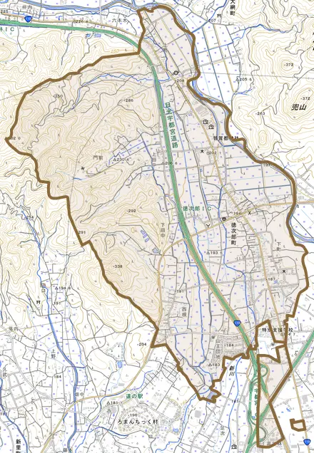徳次郎町とその周辺の地図。町の範囲を重ねている