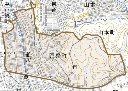 戸祭町とその周辺の地図。町の範囲を重ねている