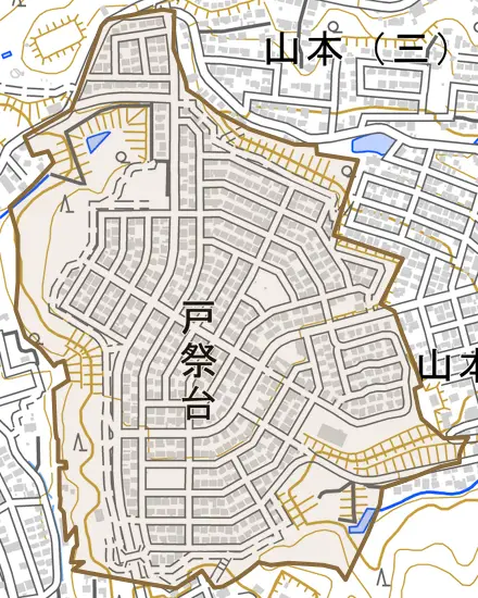 戸祭台とその周辺の地図。町の範囲を重ねている