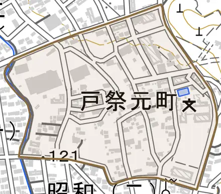 戸祭元町とその周辺の地図。町の範囲を重ねている