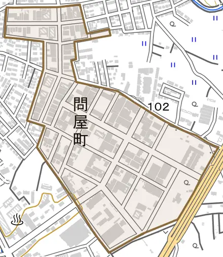 問屋町とその周辺の地図。町の範囲を重ねている