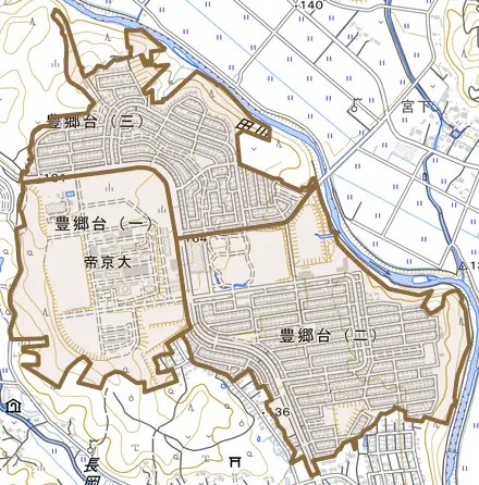豊郷台とその周辺の地図。町の範囲を重ねている