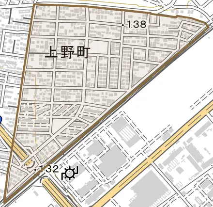 上野町とその周辺の地図。町の範囲を重ねている