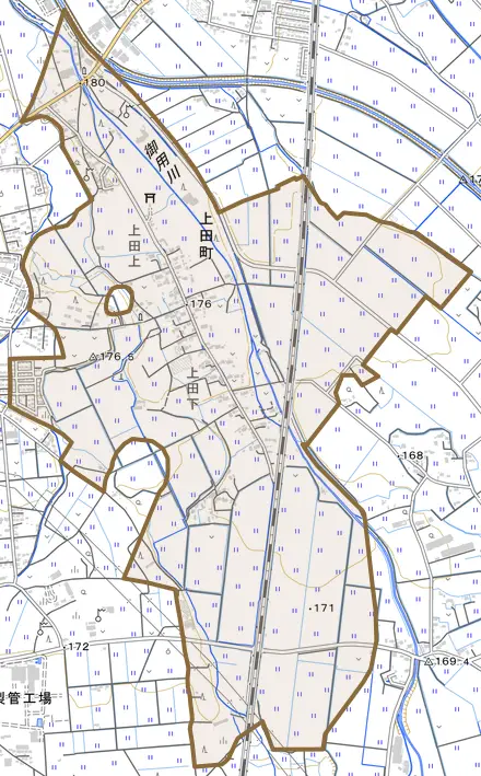 上田町とその周辺の地図。町の範囲を重ねている