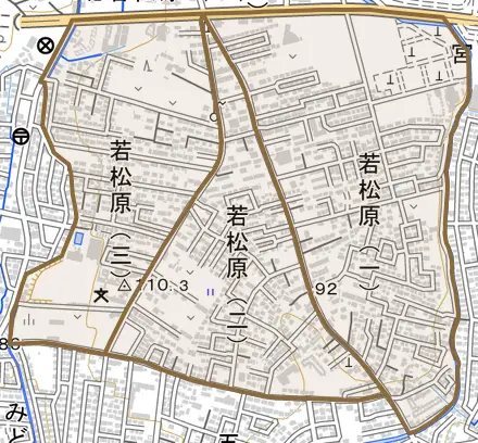 若松原とその周辺の地図。町の範囲を重ねている