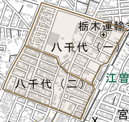 八千代とその周辺の地図。町の範囲を重ねている