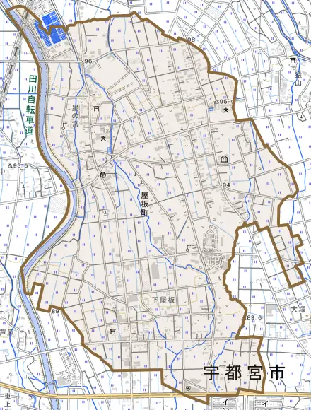 屋板町とその周辺の地図。町の範囲を重ねている