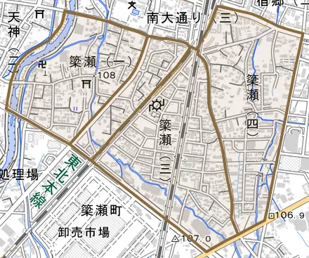 簗瀬とその周辺の地図。町の範囲を重ねている