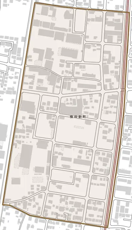 横田新町とその周辺の地図。町の範囲を重ねている