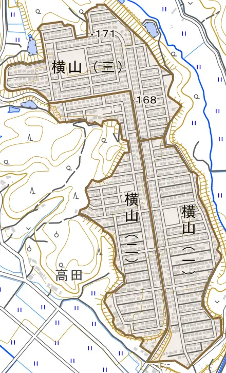 横山とその周辺の地図。町の範囲を重ねている