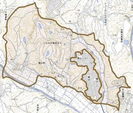 横山町とその周辺の地図。町の範囲を重ねている