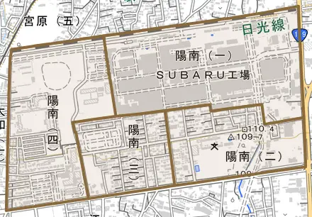 陽南とその周辺の地図。町の範囲を重ねている