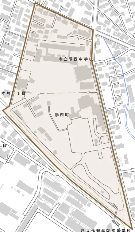陽西町とその周辺の地図。町の範囲を重ねている