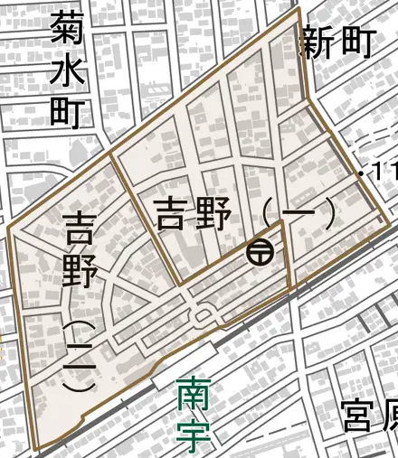 吉野とその周辺の地図。町の範囲を重ねている