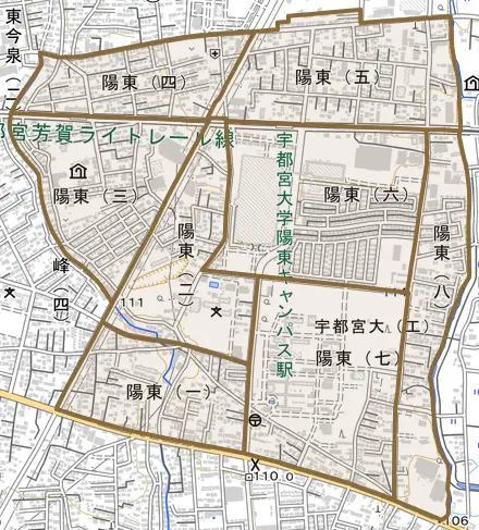 陽東とその周辺の地図。町の範囲を重ねている