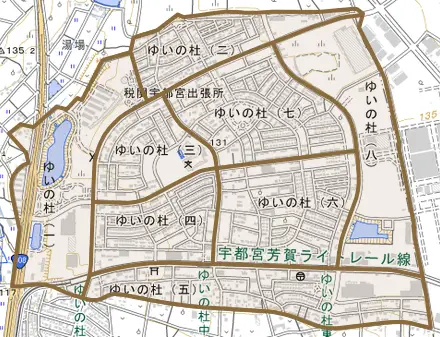 ゆいの杜とその周辺の地図。町の範囲を重ねている