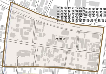 材木町とその周辺の地図。町の範囲を重ねている