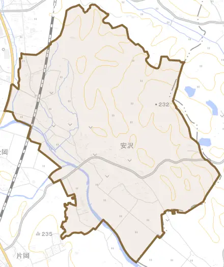 安沢とその周辺の地図。町の範囲を重ねている
