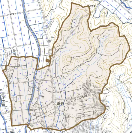 荒井とその周辺の地図。町の範囲を重ねている