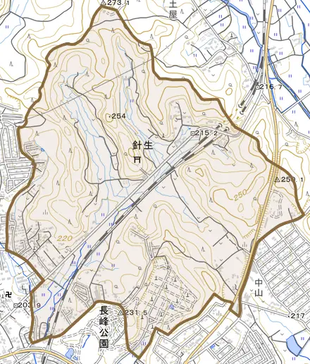 針生とその周辺の地図。町の範囲を重ねている