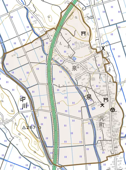 泉とその周辺の地図。町の範囲を重ねている