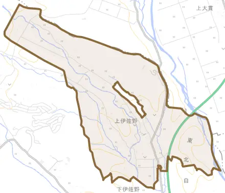 上伊佐野とその周辺の地図。町の範囲を重ねている