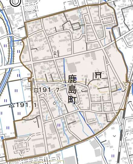 鹿島町とその周辺の地図。町の範囲を重ねている