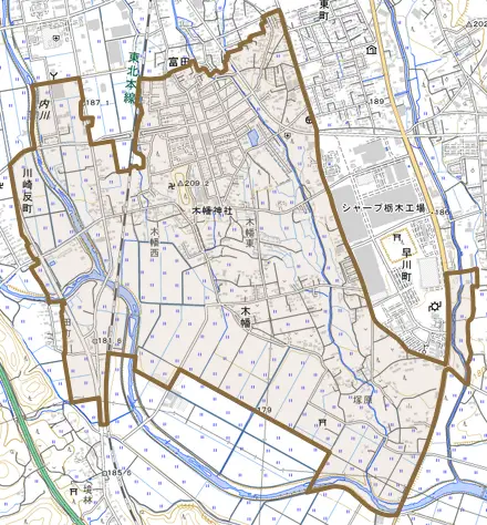 木幡とその周辺の地図。町の範囲を重ねている