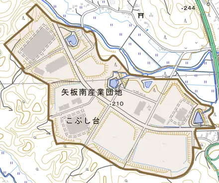 こぶし台とその周辺の地図。町の範囲を重ねている